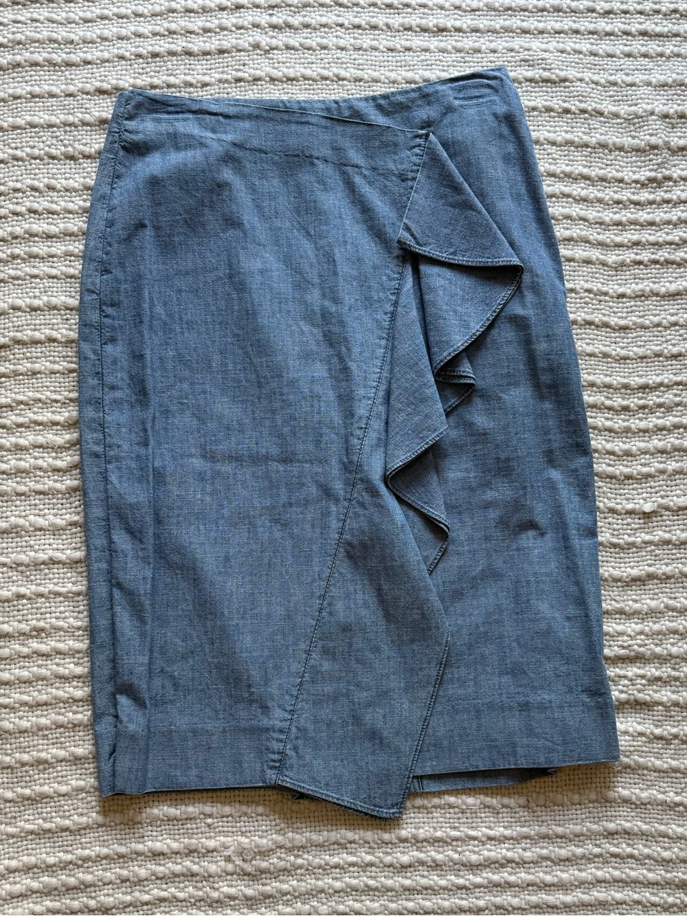 J. Crew Blue Denim Pencil Skirt with Front Ruffle